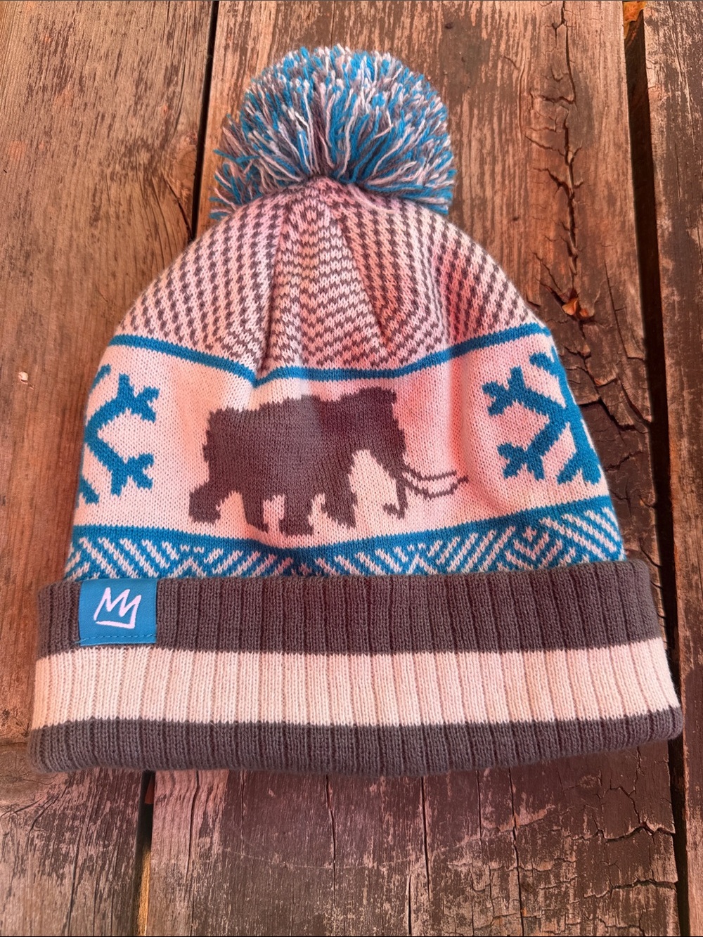 Mammoth Wooly Beanie Hat with Mammoth Motif - Gray & Blue